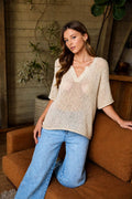 Split Neck Short Sleeve Sheer Crochet Knit Top (Pre-Order) Unisex , , , Long Sleeve Tee
