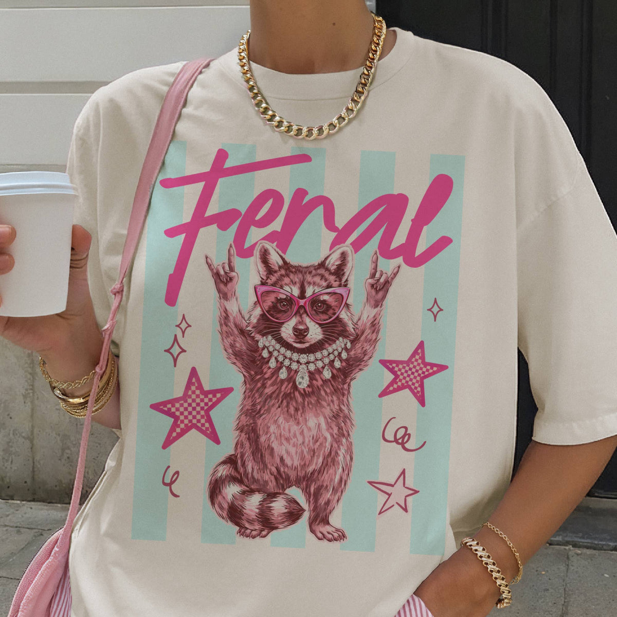 Feral Raccoon Sarcastic Relatable Pearls Graphic Tee Unisex , , , Long Sleeve Tee