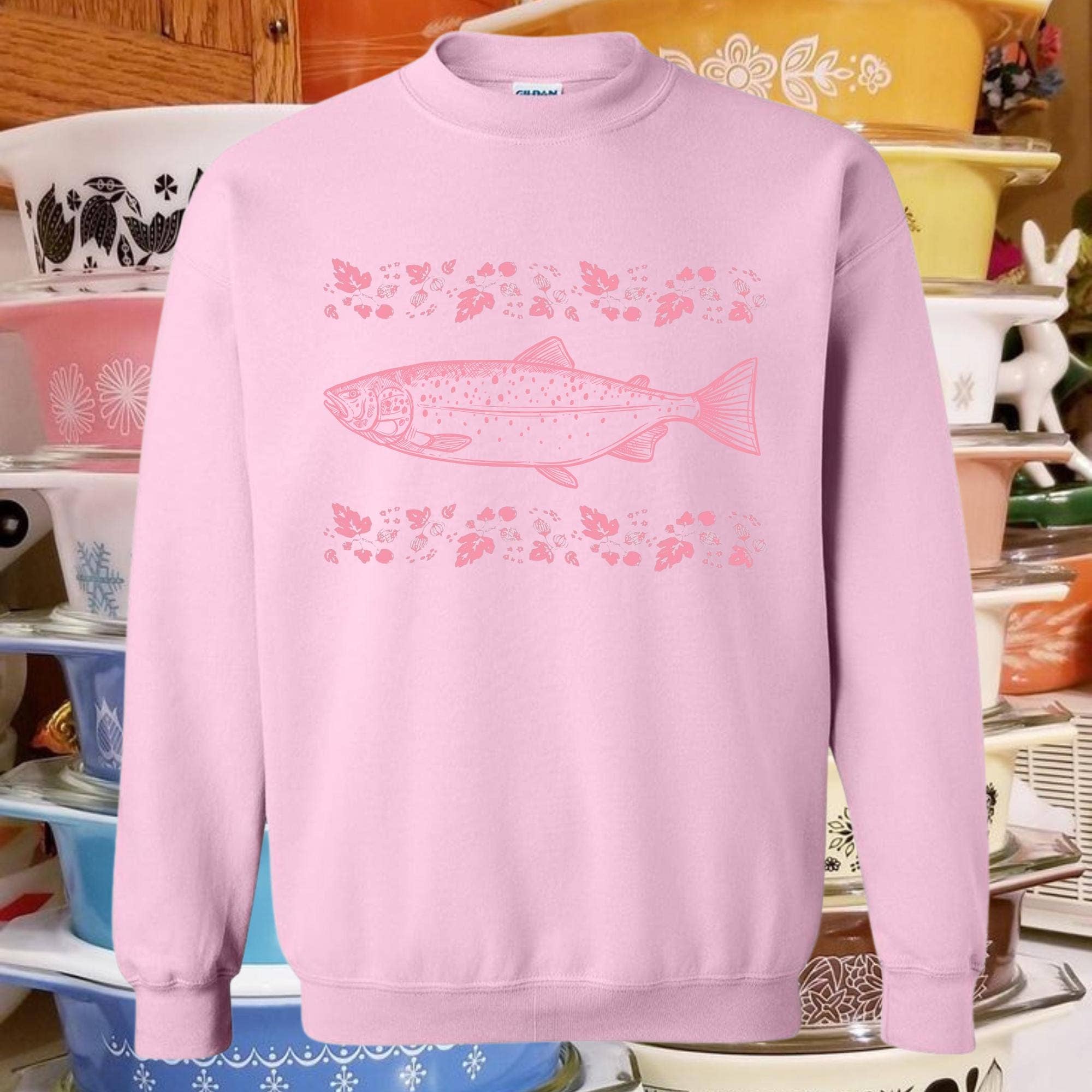 Floral Salmon , Vintage Dish Pattern Unisex , , , Long Sleeve Tee