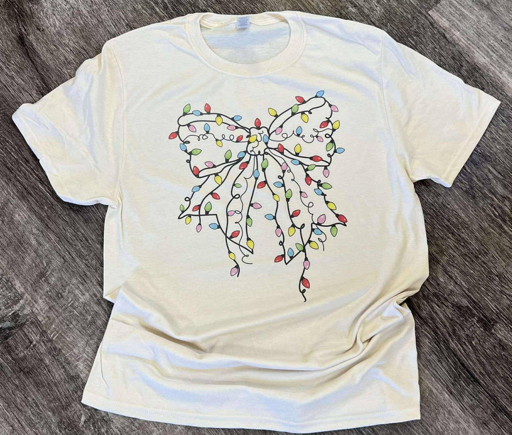 Christmas Tree Lights Bow On Cream Tee
