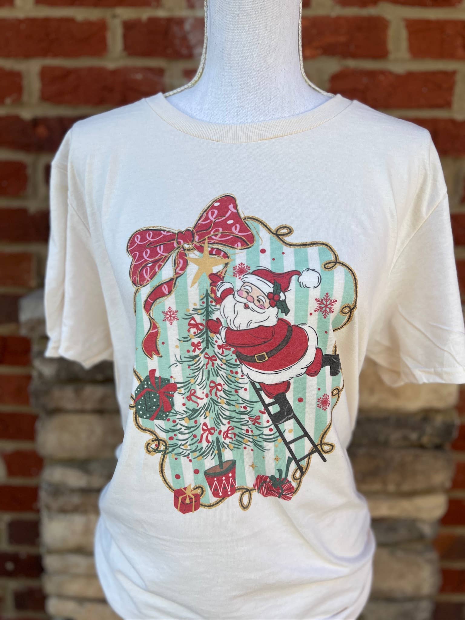 Vintage Santa Decorating the Tree On Cream