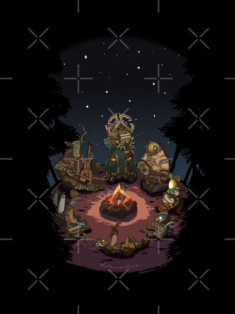 Outer Wilds Campfire Scene with All Characters Sitting Together for Indie Game Fans by · GAMING SOUL ·