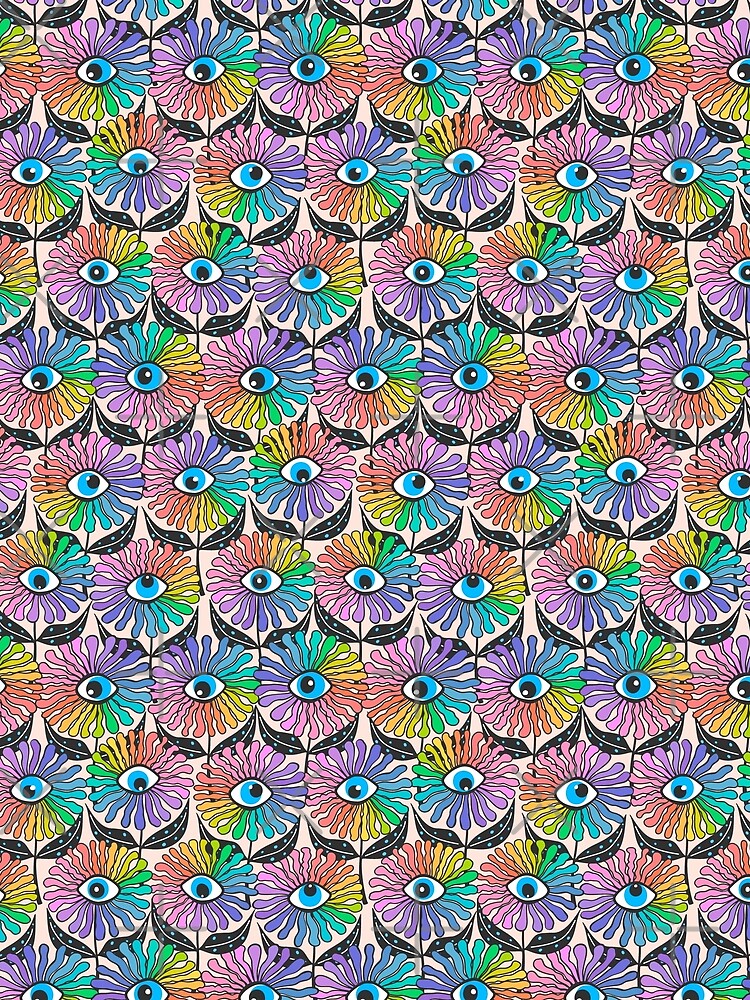 funky flowereyes- fun cool modern retro pattern with groovy psychedelic all seeing rainbow eye blooms by artgeige