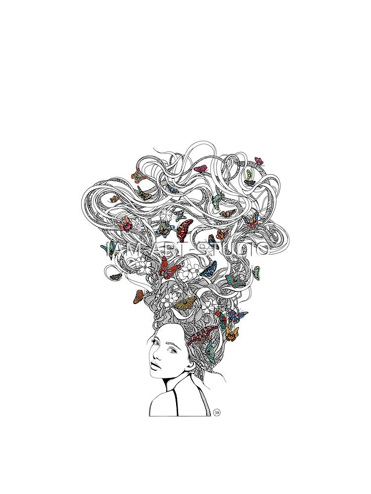 Elegant Female Portrait With Butterfly Line Art Digital Illustration by IAM-ART-STUDIO