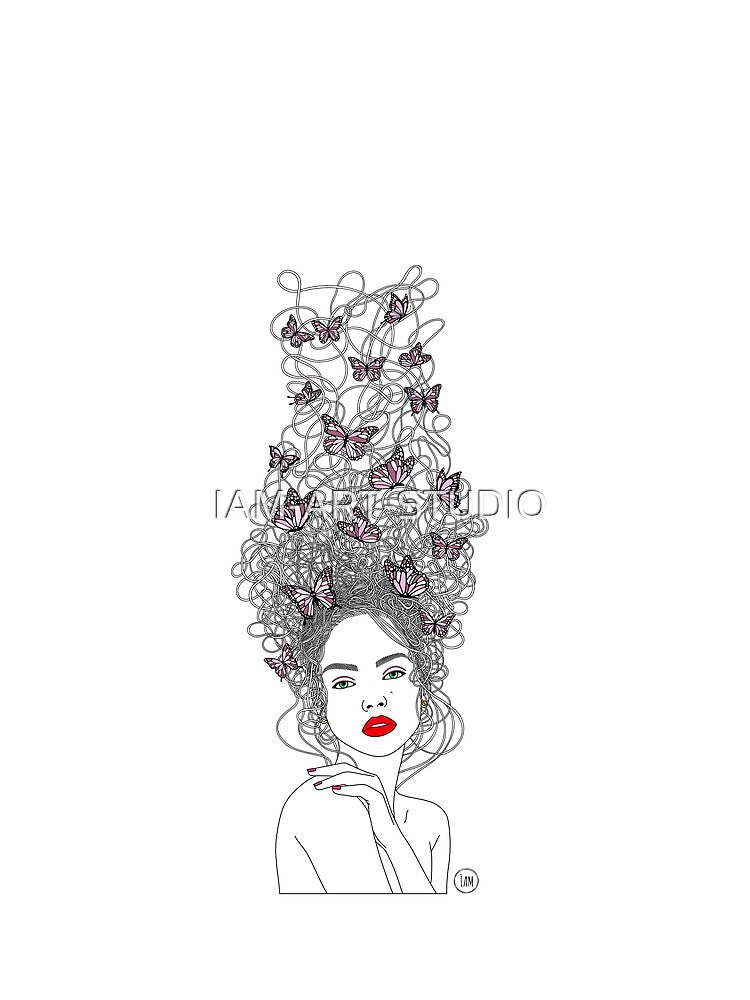 Elegant Female Portrait With Butterfly Line Art Digital Drawing by IAM-ART-STUDIO