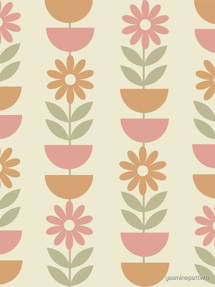 Retro Mid Mod Flowers Pattern with half circles in dusty pink, clay and sage green by Yasminepatterns