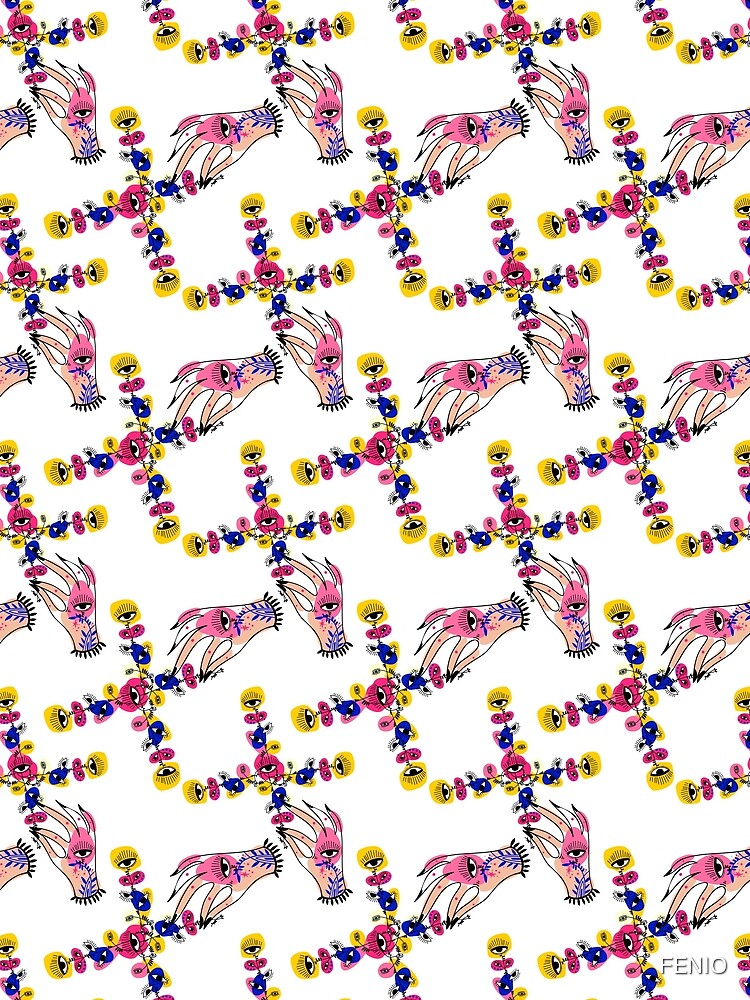 Hand holding psychedelic plant flower with many eyes vivid multicolor seamless pattern. by FENIO