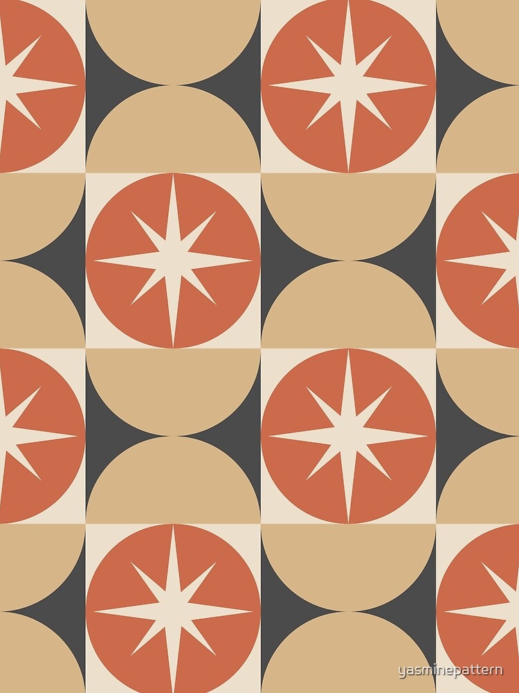 Mid Century Starbursts On Terracotta Circles With Tan Half Circles by Yasminepatterns