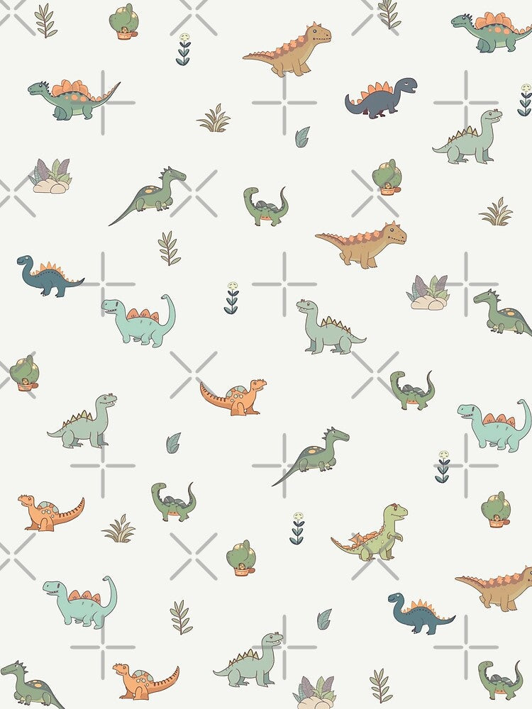 Evoke a natural and fresh atmosphere: Cartoon dinosaurs and floral patterns in a tiled layout. by SML(Smiling Cool) PinkBubble