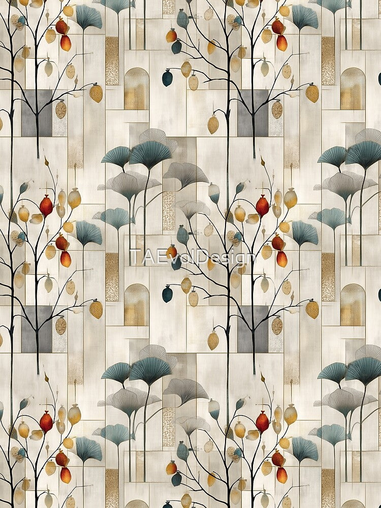 Architectural Botanical Harmony – Stylized Tree and Leaf Pattern with Geometric Blocks in Earth Tones by Moisky Patterns