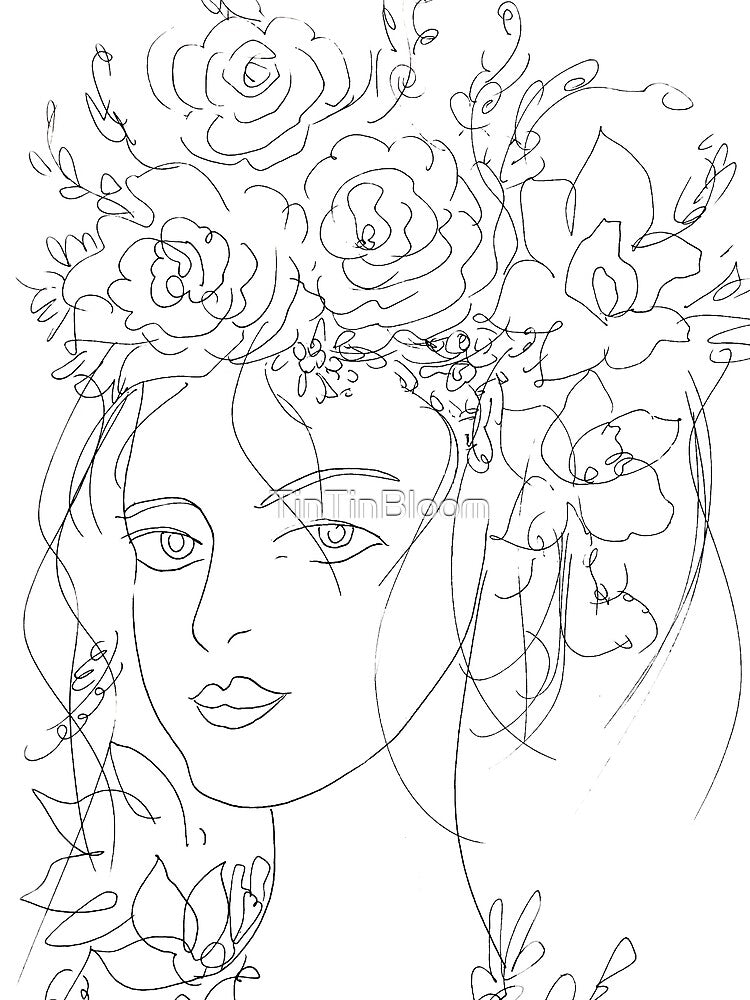 Floral Woman Line Art Portrait Elegant Face by TinTinBloom