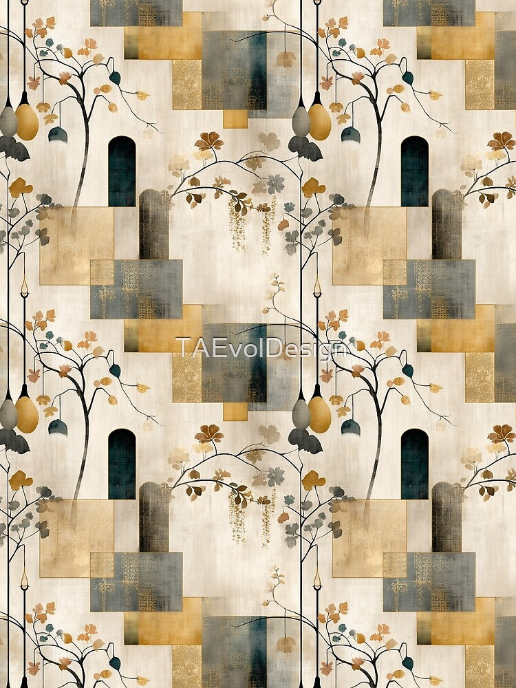 Golden Courtyard Serenity – Botanical Wall Art with Arches and Hanging Pods in Warm Geometric Layers by Moisky Patterns