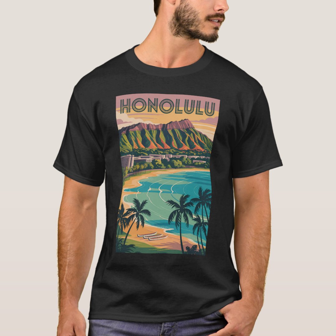 Honolulu Hawaii Illustration Travel Art Vintage