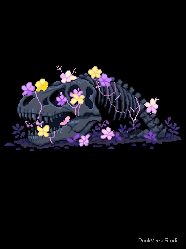 Pixel Dinosaur Skeleton with Blue Flowers | Floral Retro Pixel Art by PunkVerseStudio Unisex , , , Long Sleeve Tee