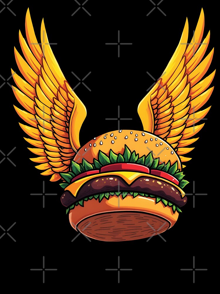 Flying Burger with Golden Wings: Magical Comic-Style Art by WAUZ Unisex , , , Long Sleeve Tee