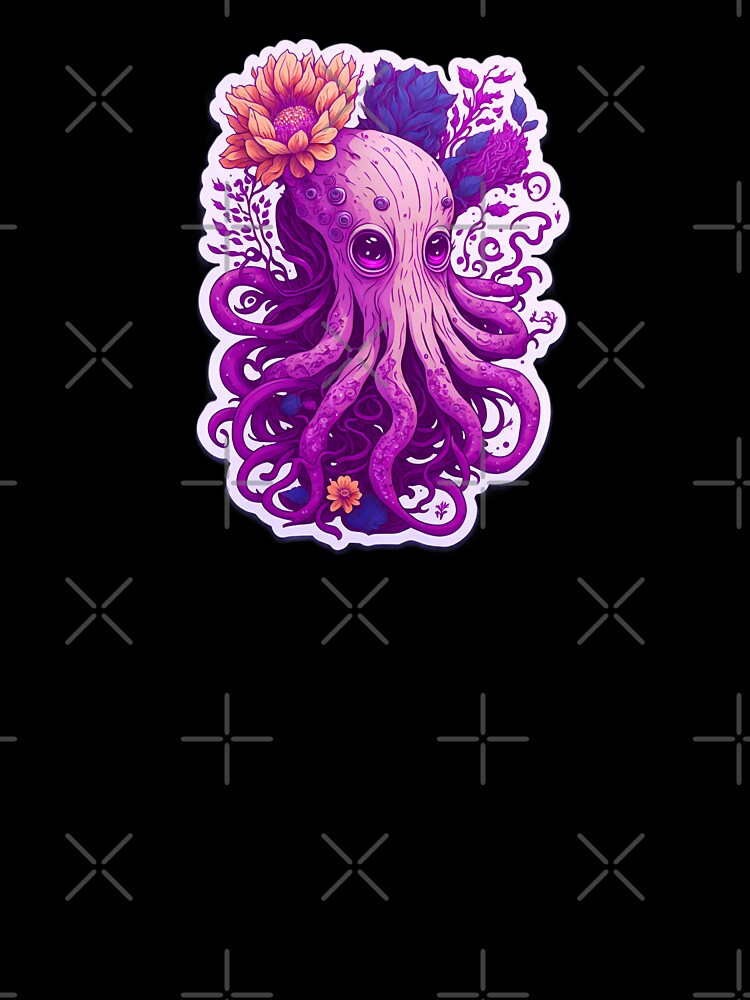 Magical Illustration Cute Pink Octopus Vibrant Colorful Psychedelic Pastel Flowers Sad Eyes by SassyArtistry