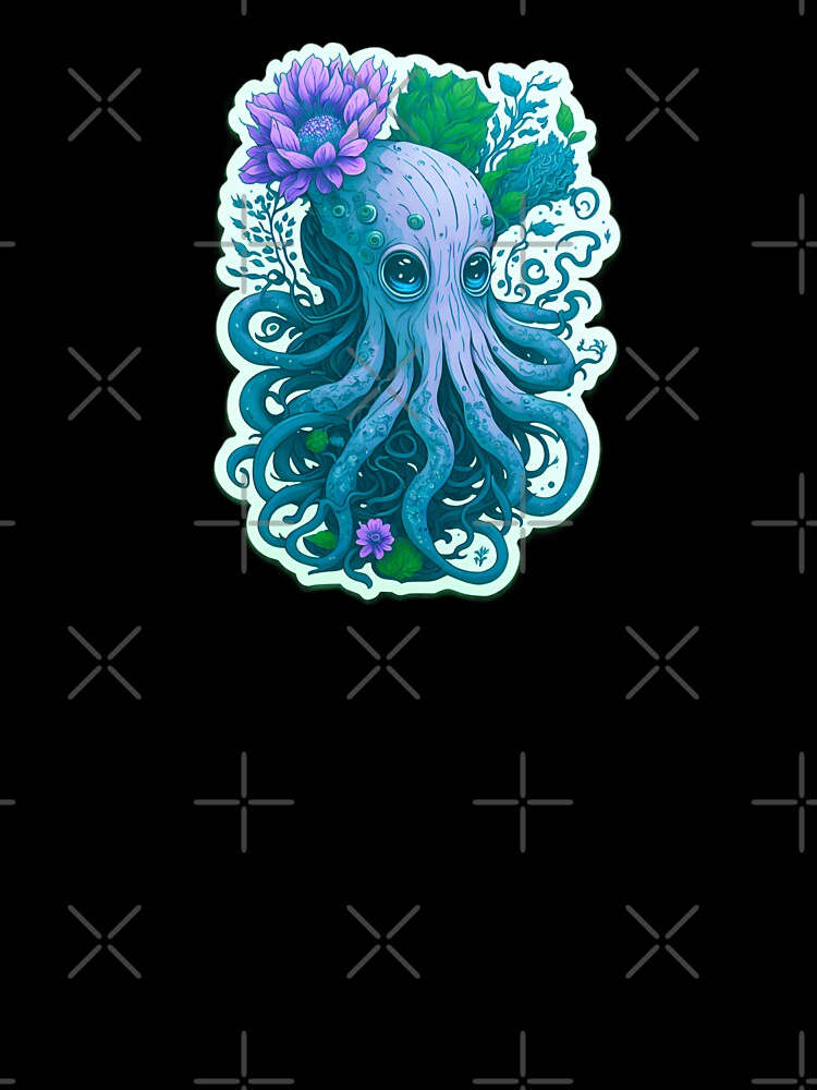 Magical Illustration Cute Light Blue Octopus Vibrant Colorful Psychedelic Pastel Flowers Sad Eyes by SassyArtistry