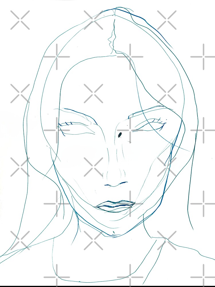 Female Portrait — Minimalist Teal Ink Contour Line Drawing by essentialink