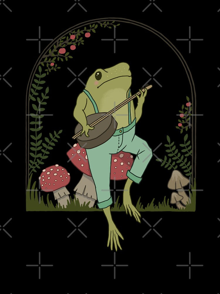Cottagecore Aesthetic Frog Playing Banjo on Mushroom: Cute Vintage Goblincore Farmer Toad in Garden, Emo Grunge Fairycore by MinistryOfFrogs