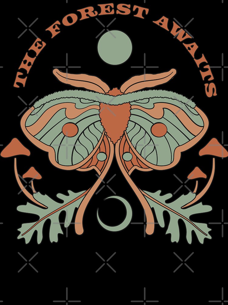 The Forest Awaits. Moth illustration with mushrooms, leaves and text by Blume-Corner Unisex , , , Long Sleeve Tee