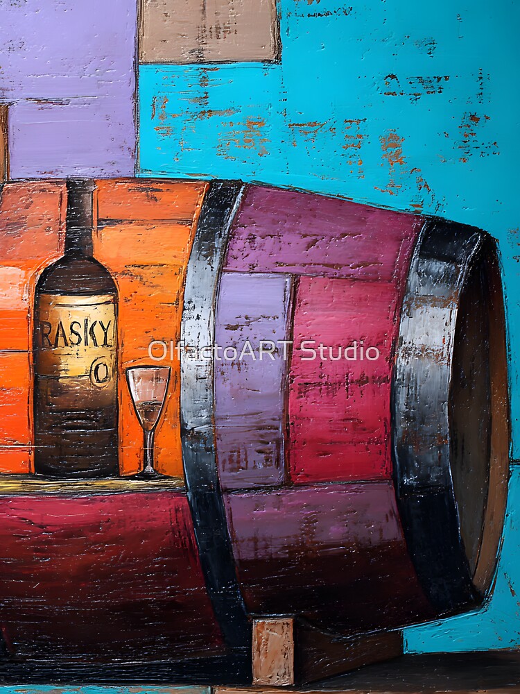 Vibrant Wine Barrel - Geometric Composition with Bold Blocks of Red, Blue, Purple, and Yellow by OlfactoART Studio