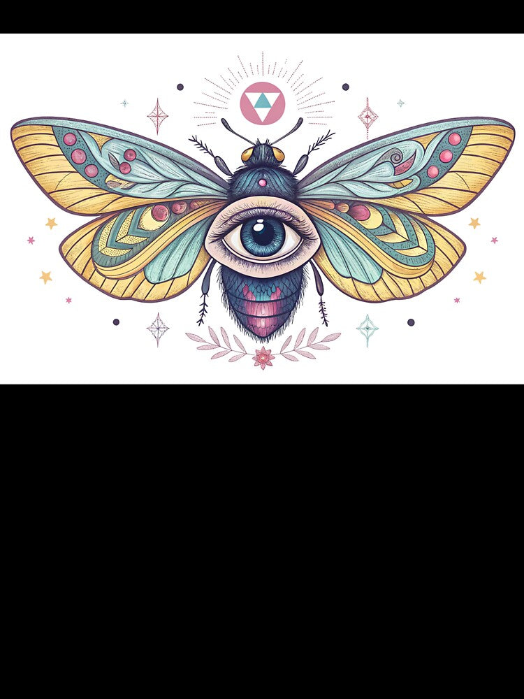 Eye with insect wings, surreal psychedelic chalk tattoo illustration by elkuni