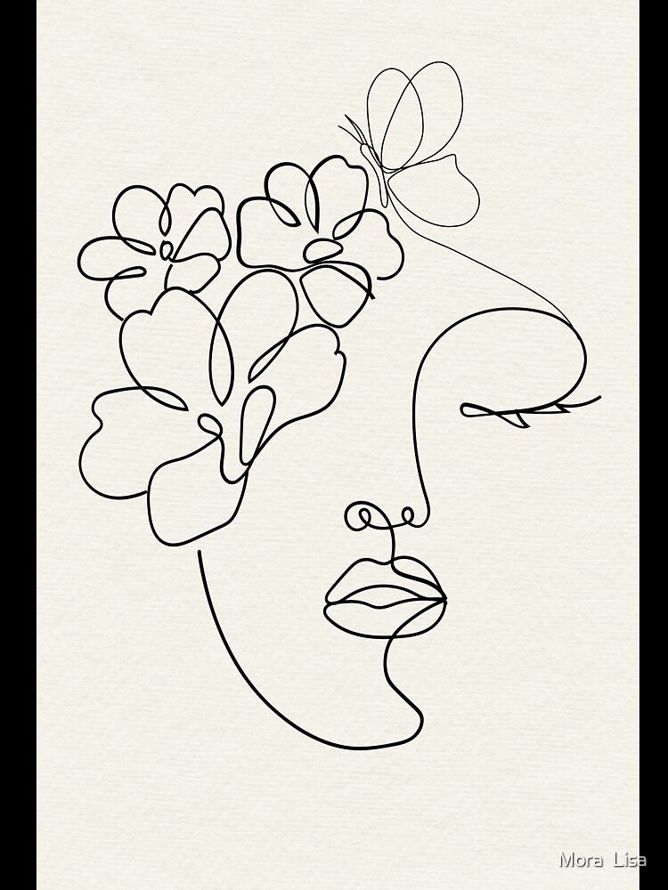 Minimalist Woman Face Line Art with Flowers - Abstract Floral Female Portrait by Mora  Lisa