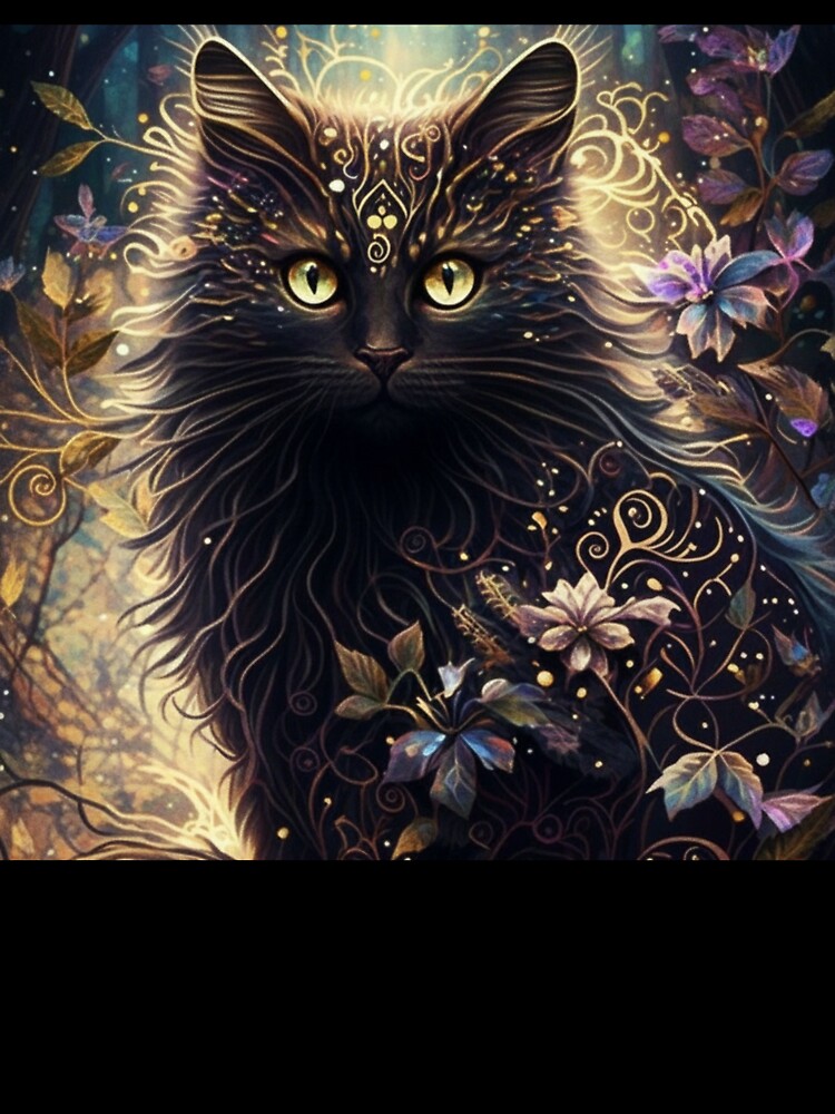 Mystical Black Cat Gothic Gold Ornament Fantasy Forest Art by brkydesign