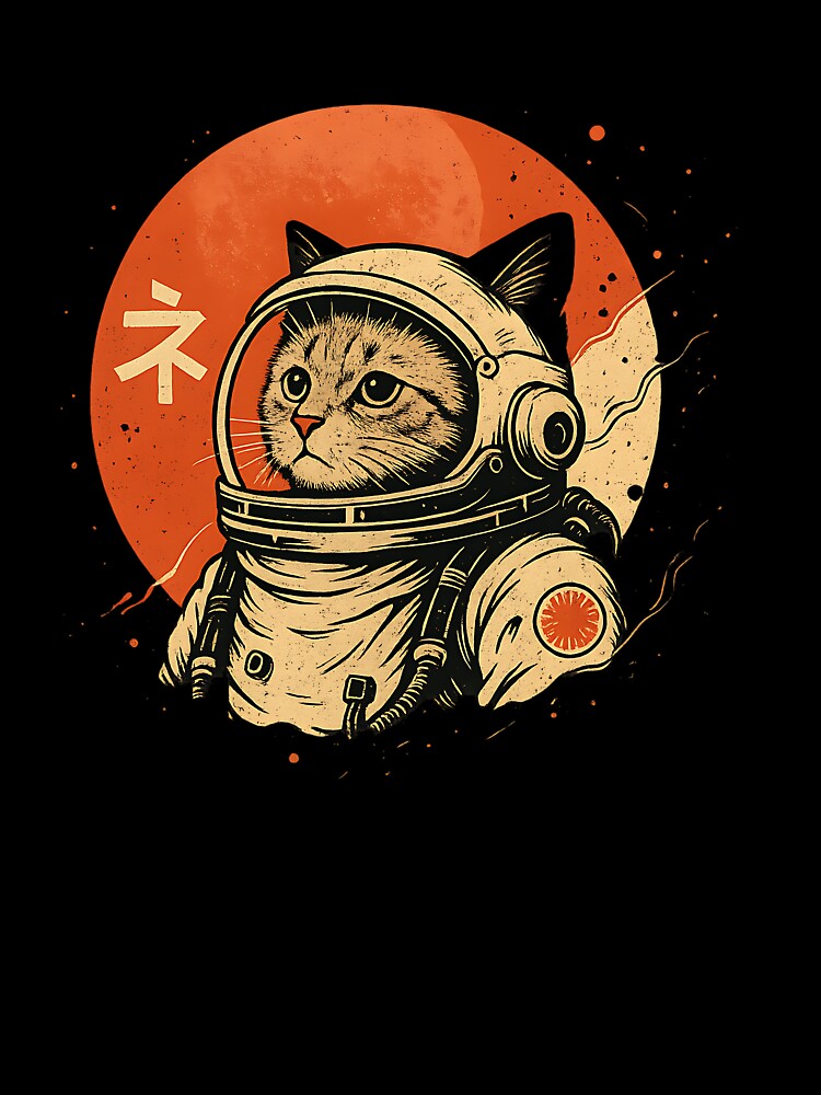 Japanese Minimalist 1950s Retro Space Cat Good Luck Kanji by cawtoon Unisex , , , Long Sleeve Tee