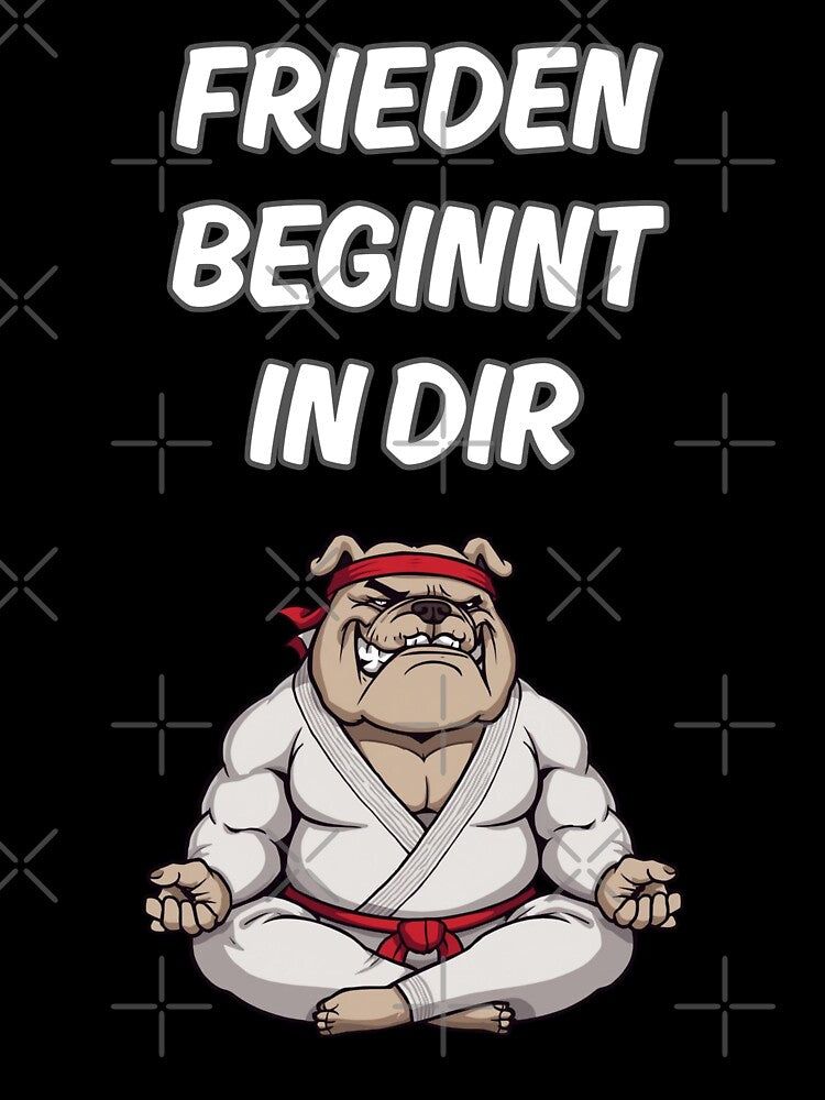 Bulldog in judo uniform finds peace in meditation by Schwefli