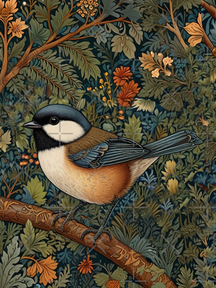 Chickadee Bird in woodland landscape art nouveau stlye by hollycooper Unisex , , , Long Sleeve Tee