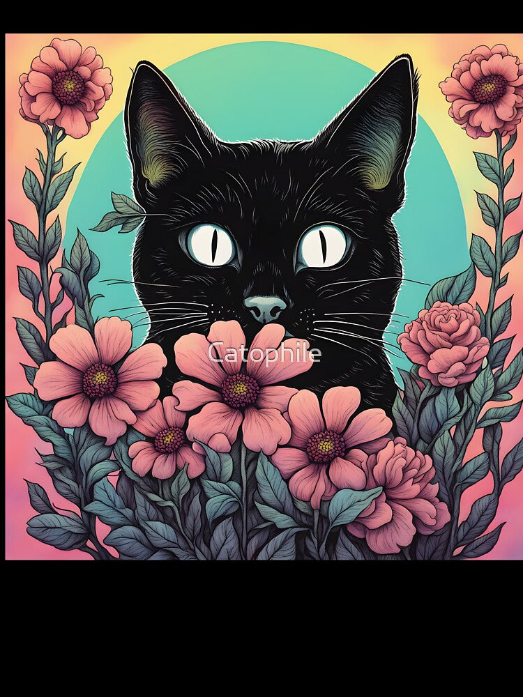 Weird Colorful Black Cat and Flowers by Catophile