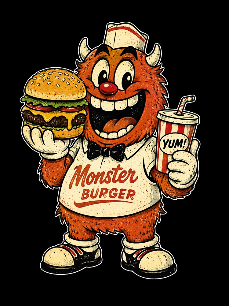 Retro Monster Burger Fast Food Mascot by aashcreat Unisex , , , Long Sleeve Tee