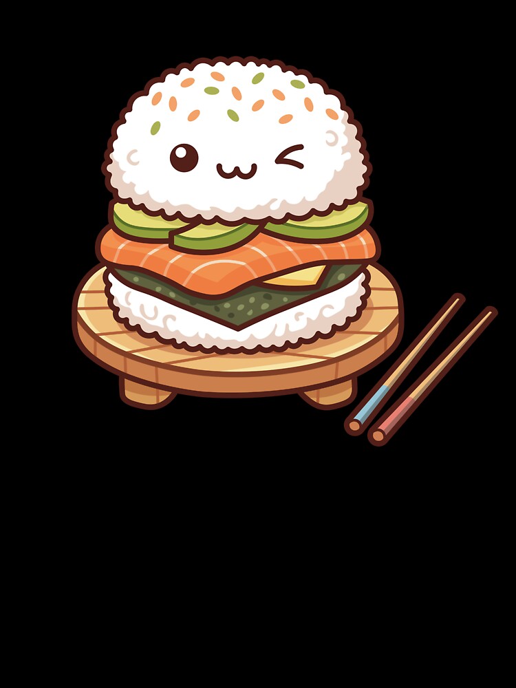 Cute Kawaii Sushi Burger with Salmon Avocado and Rice Buns by Mochii-studio Unisex , , , Long Sleeve Tee