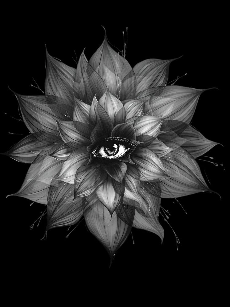 Mystic Eye in Flower - Surreal Black and White Sketch by birleşik zevkler