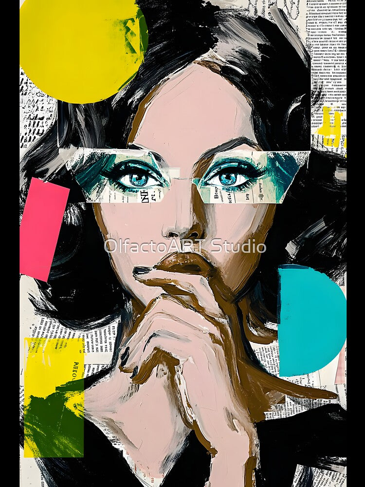 Explore Modern Expression with a Thoughtful Woman Amidst Vibrant Geometric Shapes by OlfactoART Studio