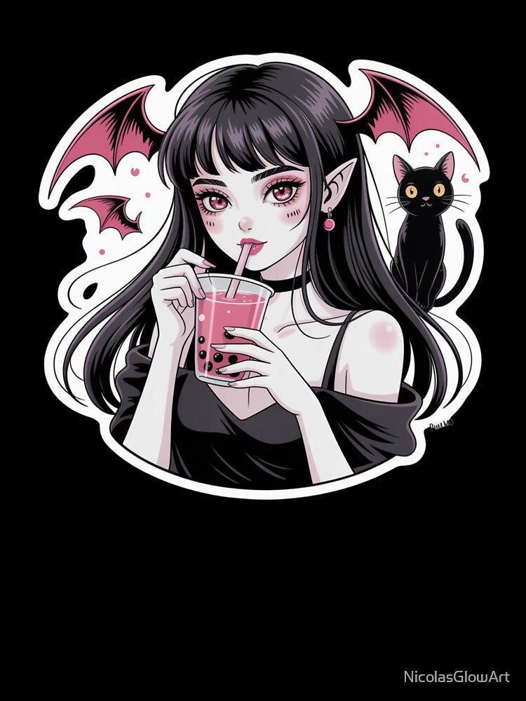 Demon Girl and Black Cat by NicolasGlowArt Unisex , , , Long Sleeve Tee