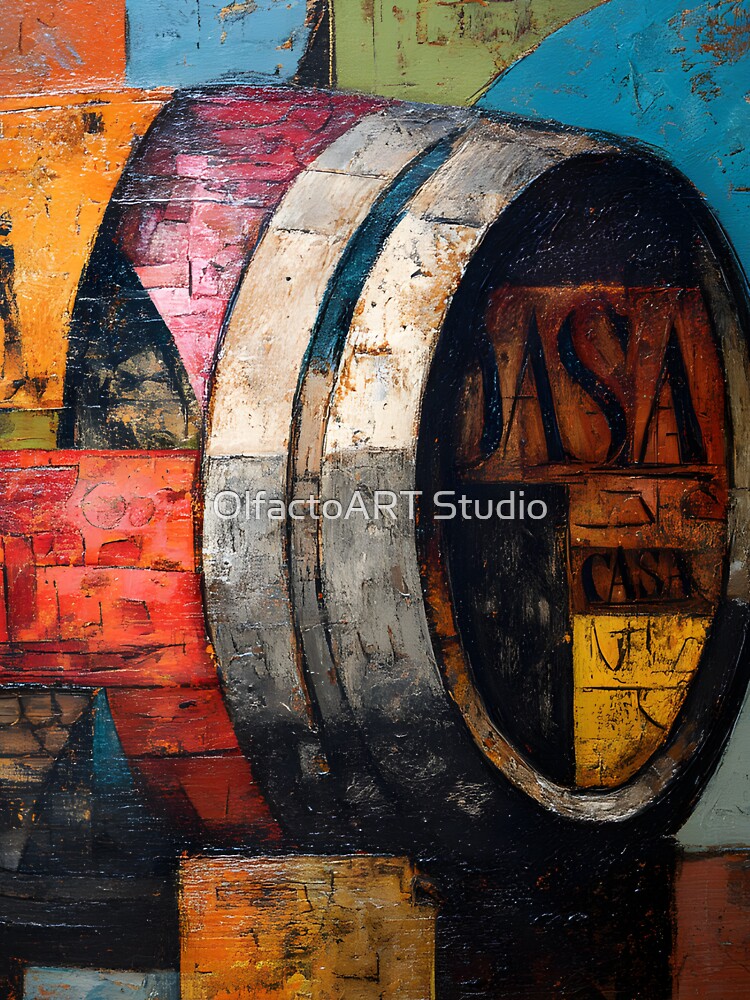 Vibrant Abstract Wine Barrel with Geometric Patterns and Bold Colors by OlfactoART Studio Unisex , , , Long Sleeve Tee