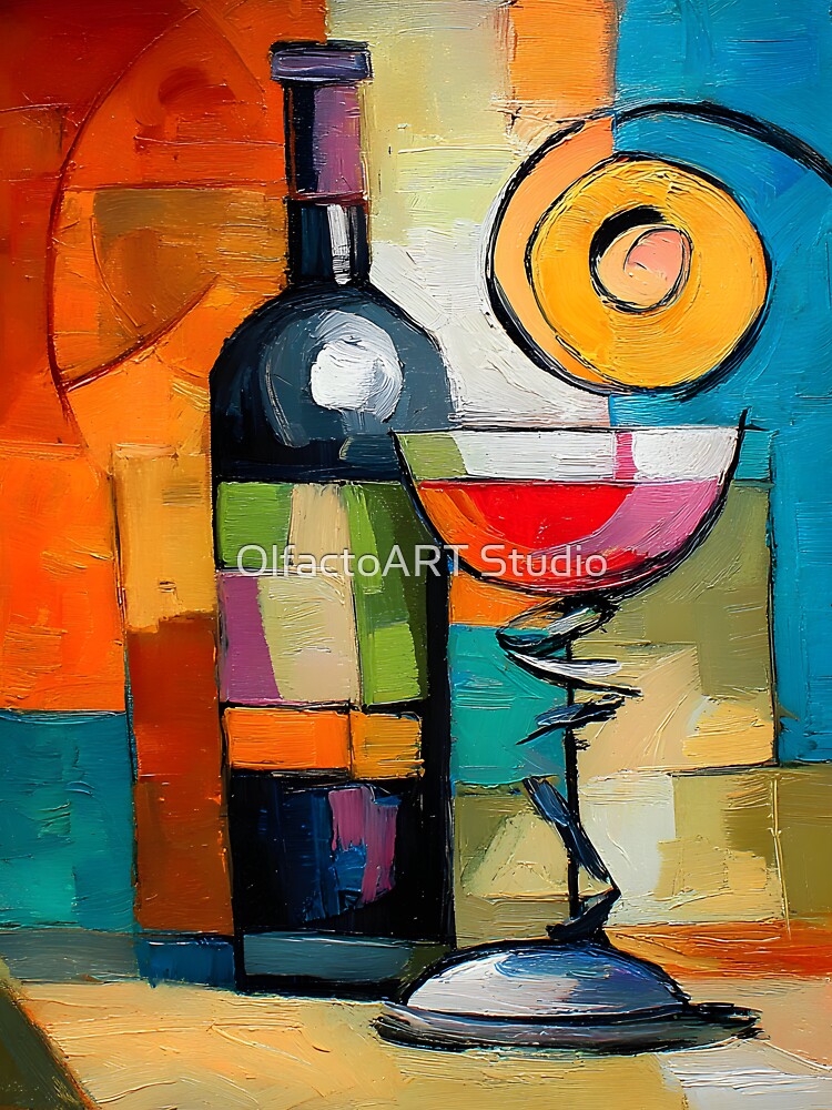 Geometric Wine Expression - Bold Abstract Bottle and Glass in a Symphony of Color and Modern Form by OlfactoART Studio