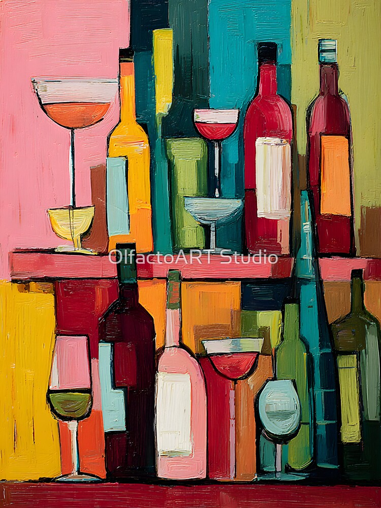 Geometric Wine Lounge - Vibrant Bottles and Glasses in Bold Abstract Bar Composition of Rich Colors by OlfactoART Studio
