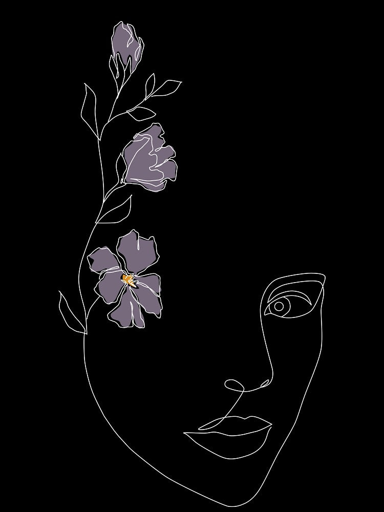 Purple Flower Girl Face White Line Art by ElenaArtDesign