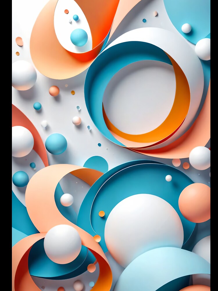 Playful Abstract Circles and Ribbons in Blue Orange and White with Floating 3D Spheres Composition by Mimoshi ⭐⭐⭐⭐⭐