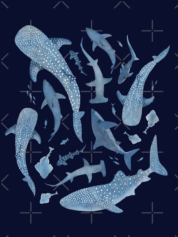 Monochrome blue watercolour shark ocean on black by adenaJ