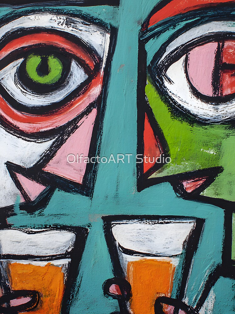 Vibrant Abstract Faces with Exaggerated Features- Bold Dynamic Geometric Shapes by OlfactoART Studio