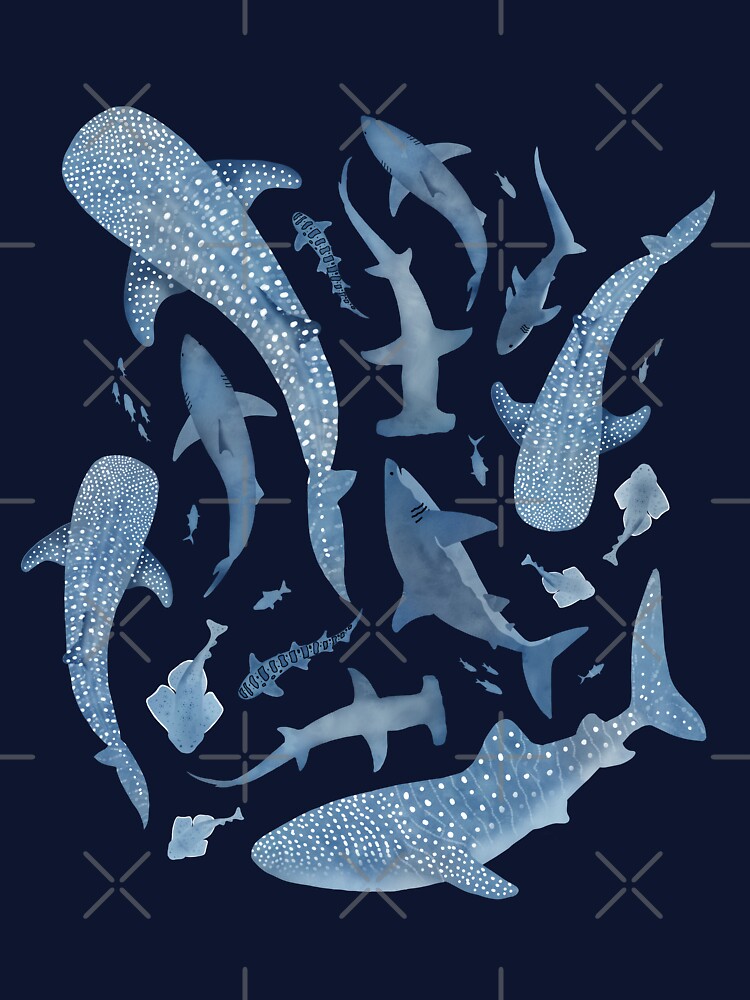 Monochrome blue watercolour shark ocean on black by adenaJ