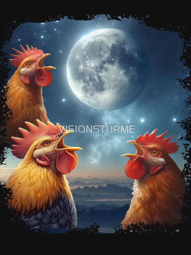 3 Chicken Moon, Funny 3 Chicken Howling Like Wolves by VISIONSTURME Unisex , , , Long Sleeve Tee