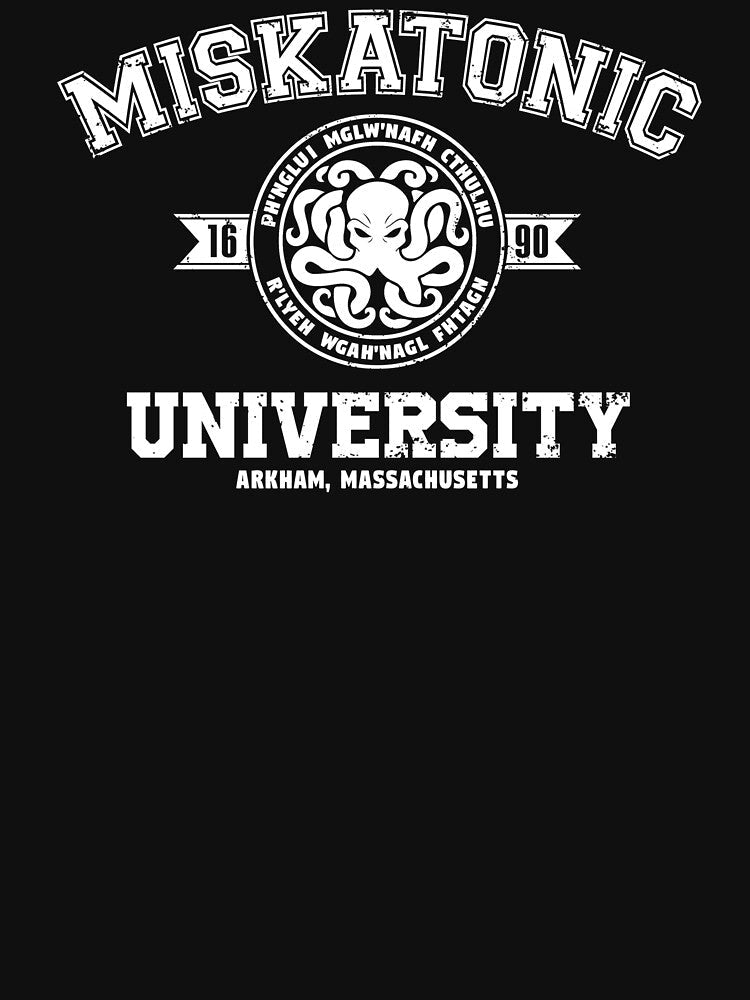 Miskatonic University (White Print) by Lost In Shirts Unisex , , , Long Sleeve Tee