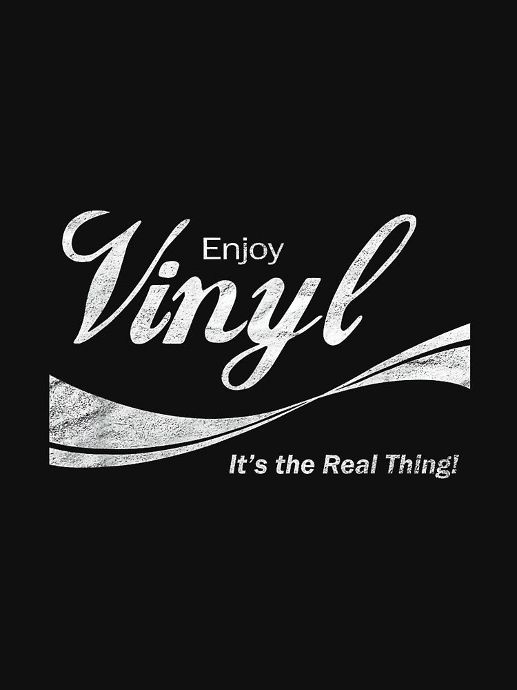 Enjoy Vinyl T-Shirt - It's the Real Thing! - Black - Unisex-Adults - Small - Classic Fit - Retro - Short Sleeve - Collarless - Round Neck - Solid Black - 100% Cotton by AlanYYoder