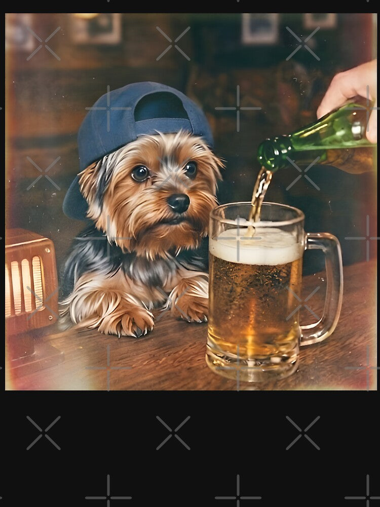 Dog drinking beer Bar Vintage Yorkie Men Women by MTRBSK11 Unisex , , , Long Sleeve Tee