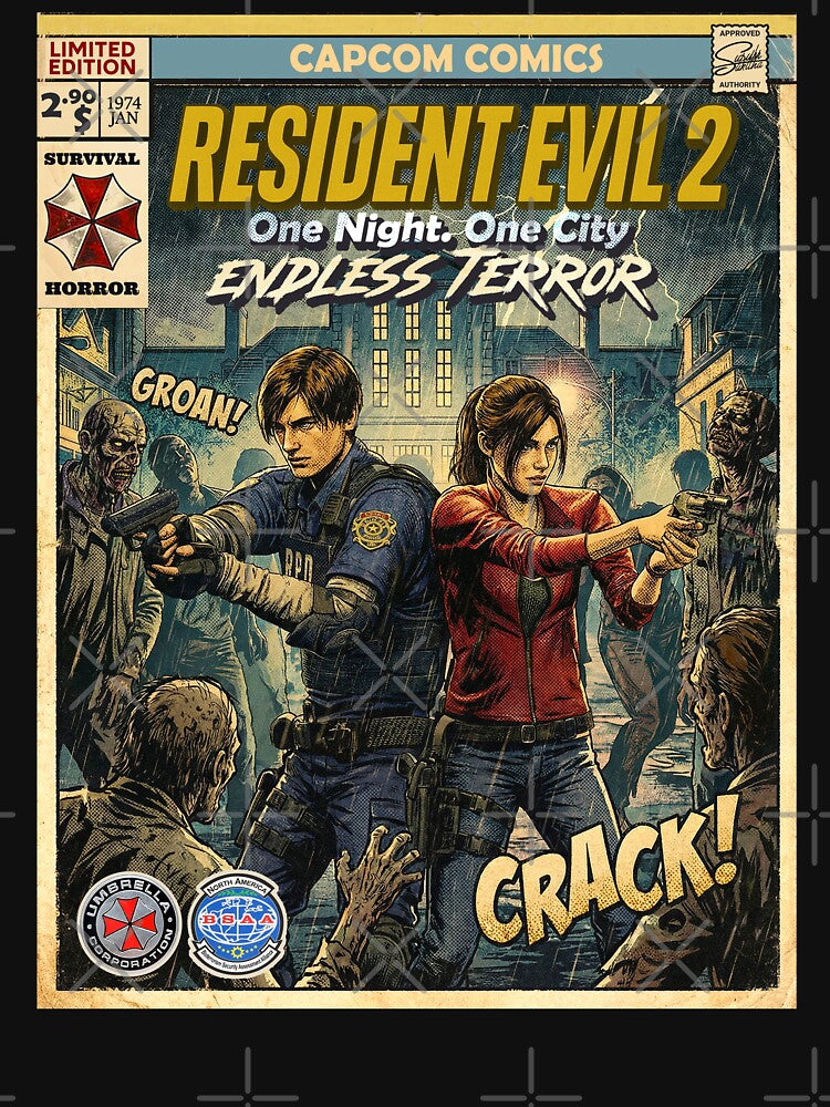 Resident Evil 2 Leon & Claire Classic Comic Retro Gaming Art by Back2Collage